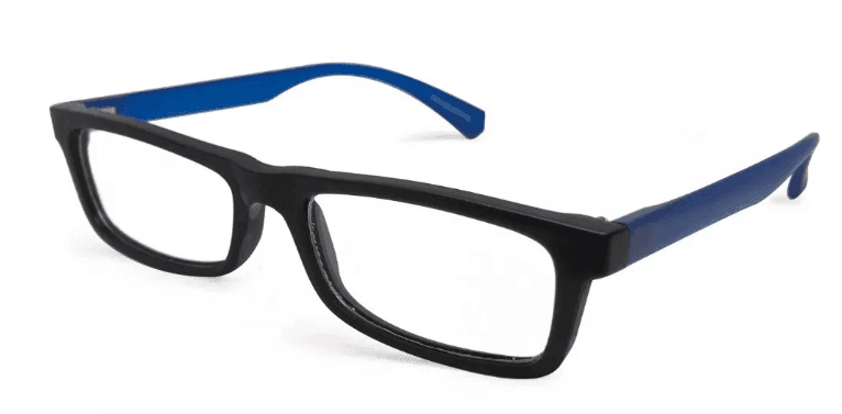 Rectangular black eyeglasses with blue temples, designed for a modern and stylish look.